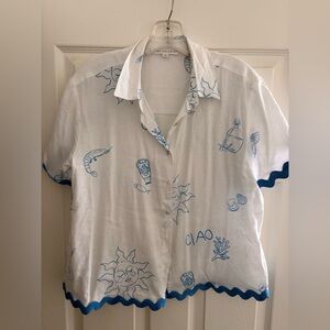 Jane and Delancey White and Blue SZ S Smiling Sun Button-Up Shirt